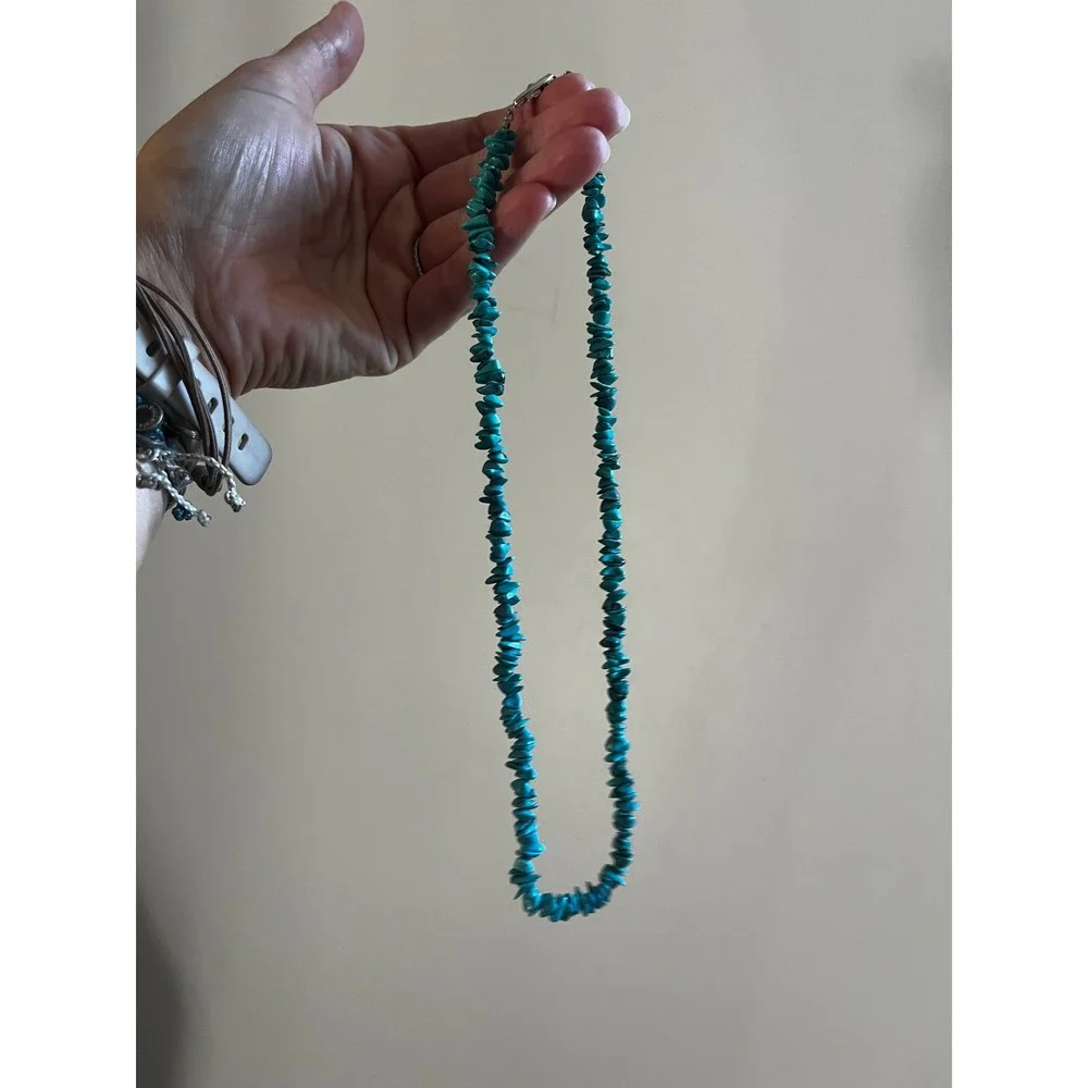 Vintage Turquoise Chip Nugget Necklace Blue Boho Desert Silver Artisan Earthy